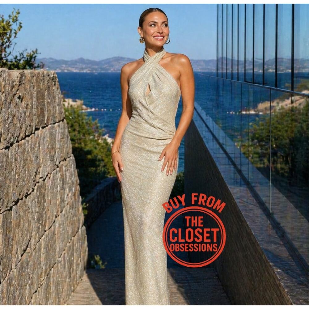 Zara Gold Metallic Halter Midi Dress Bodycon Evening Dress NWT M - Picture 2 of 16